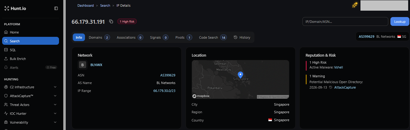 Figure 01: Hunt.io IP profile for 66.179.31.191 showing the High Risk reputation flag and the Active Malware tag for Vshell