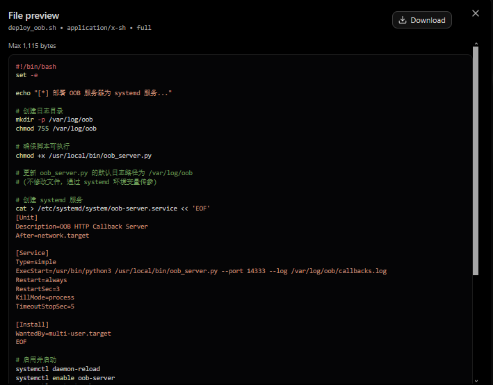 Figure 12: Contents of deploy_oob.sh, showing the systemd service definition for the OOB listener on port 14333