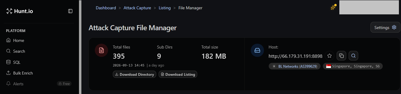 Figure 02: AttackCapture File Manager view of the open directory at http://66.179.31.191:8898, showing 395 files across 9 subdirectories totaling 182 MB.