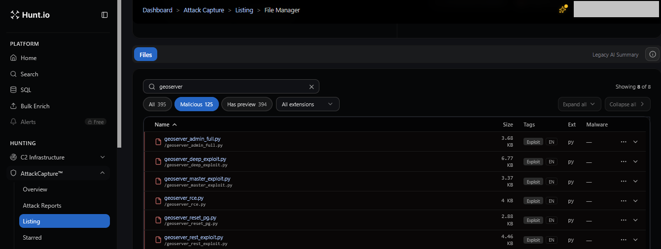Figure 06: File Manager listing of the GeoServer exploit script family, showing filenames and file sizes
