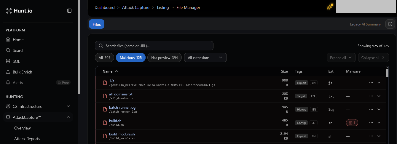 Figure 04: AttackCapture File Manager listing showing the top-level file structure of the open directory, with the malicious-file filter applied (119 of 395 flagged)